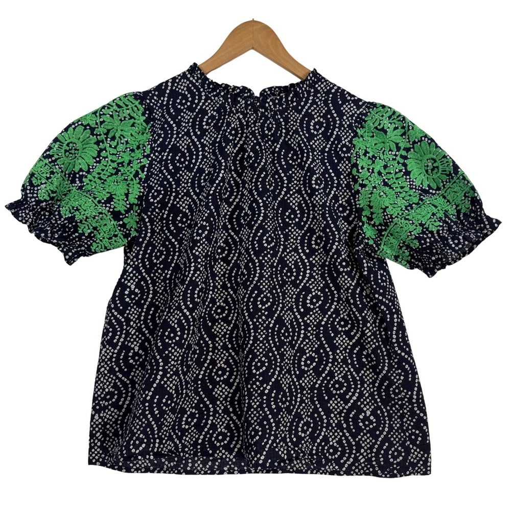 THML Navy Embroidered Floral Puff Sleeves Blouse Top Women's M Geometric Pattern